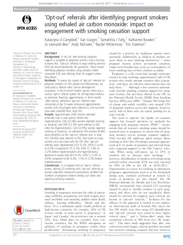 ‘Opt-out’ referrals after identifying pregnant smokers using exhaled air carbon monoxide: impact on engagement with smoking cessation support Thumbnail