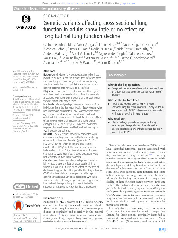 Genetic variants affecting cross-sectional lung function in adults show little or no effect on longitudinal lung function decline Thumbnail