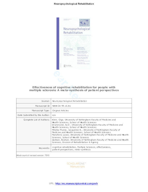 Effectiveness of cognitive rehabilitation for people with multiple sclerosis: a meta-synthesis of patient perspectives Thumbnail