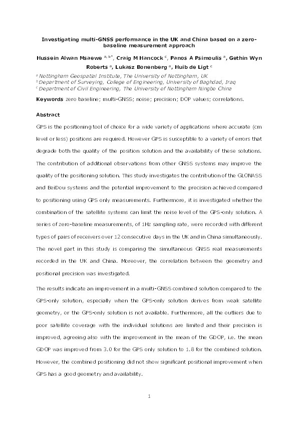 Investigating multi-GNSS performance in the UK and China based on a zero-baseline measurement approach Thumbnail