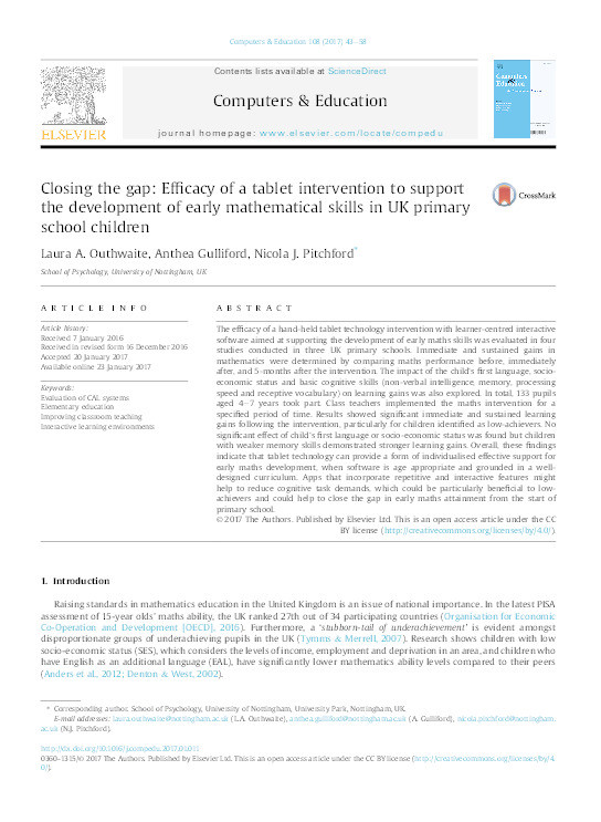 Closing the gap: efficacy of a tablet intervention to support the development of early mathematical skills in UK primary school children Thumbnail