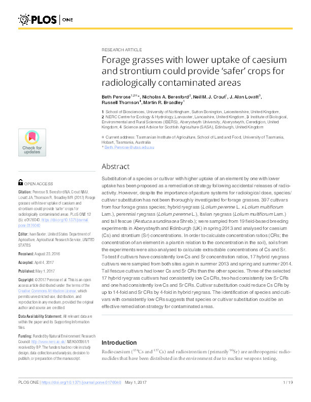 Forage grasses with lower uptake of caesium and strontium could provide ‘safer’ crops for radiologically contaminated areas Thumbnail