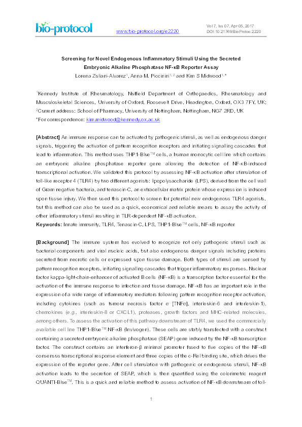 Screening for novel endogenous inflammatory stimuli using the secreted embryonic alkaline phosphatase NF-κB reporter assay Thumbnail