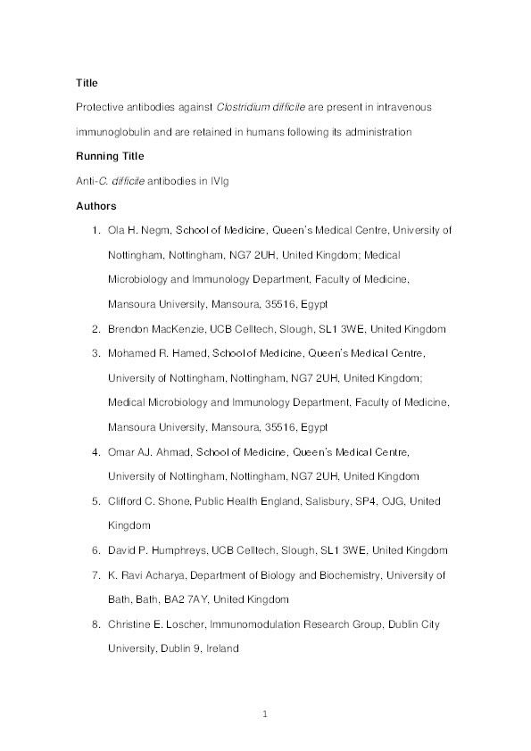 Protective antibodies against Clostridium difficile are present in intravenous immunoglobulin and are retained in humans following its administration Thumbnail