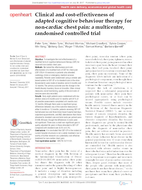 Clinical and cost-effectiveness of adapted cognitive behaviour therapy for non-cardiac chest pain: a multicentre, randomised controlled trial Thumbnail