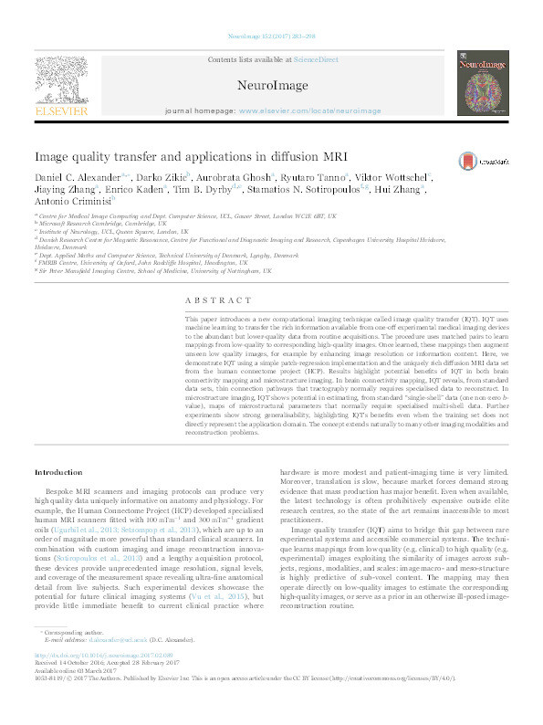 Image quality transfer and applications in diffusion MRI Thumbnail