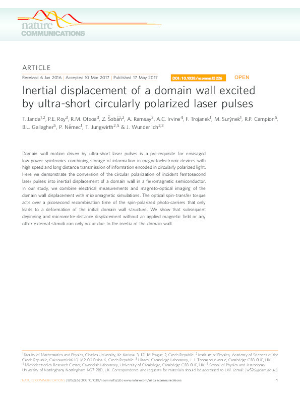 Inertial displacement of a domain wall excited byultra-short circularly polarized laser pulses Thumbnail