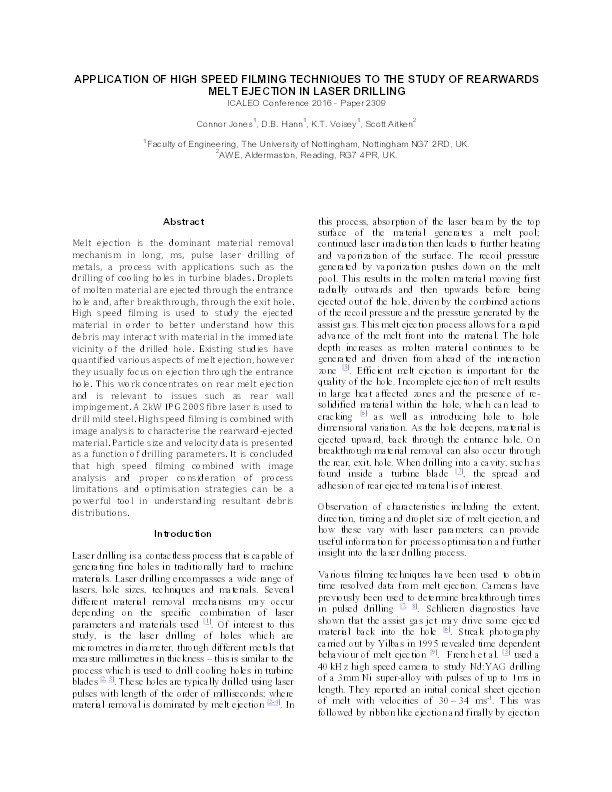 Application of high speed filming techniques to the study of rearwards melt ejection in laser drilling Thumbnail