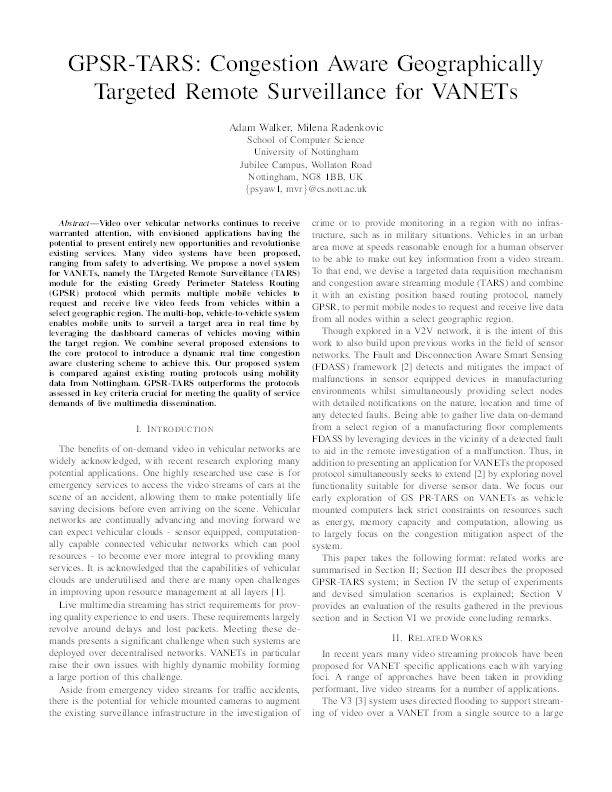 GPSR-TARS: congestion aware geographically targeted remote surveillance for VANETs Thumbnail