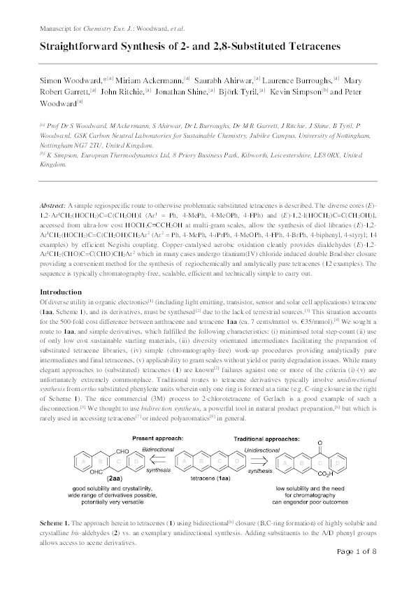 Straightforward synthesis of 2- and 2,8-substituted tetracenes Thumbnail