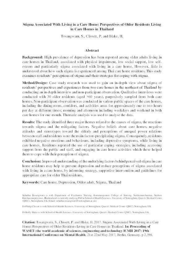 Stigma associated with living in a care home: perspectives of older residents living in care homes in Thailand Thumbnail