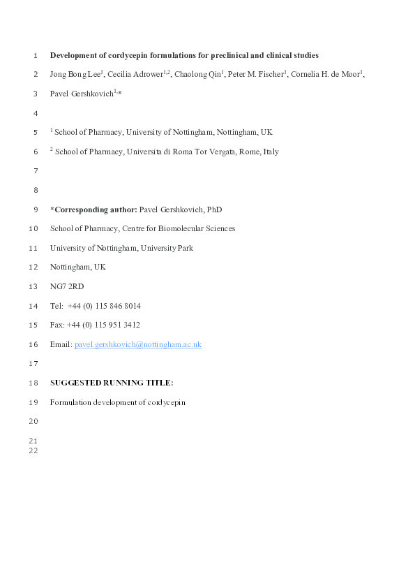 Development of cordycepin formulations for preclinical and clinical studies Thumbnail