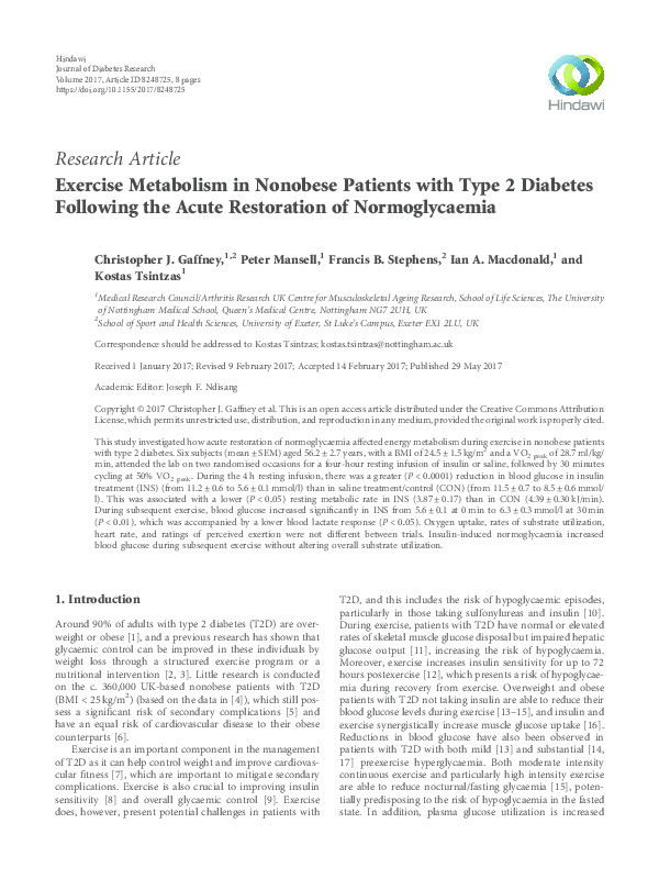 Exercise metabolism in non-obese patients with type 2 diabetes following the acute restoration of normoglycaemia Thumbnail