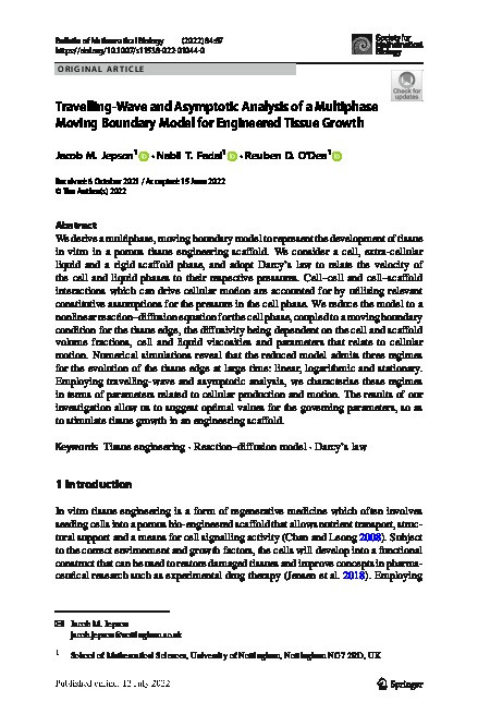 Travelling-Wave and Asymptotic Analysis of a Multiphase Moving Boundary Model for Engineered Tissue Growth Thumbnail