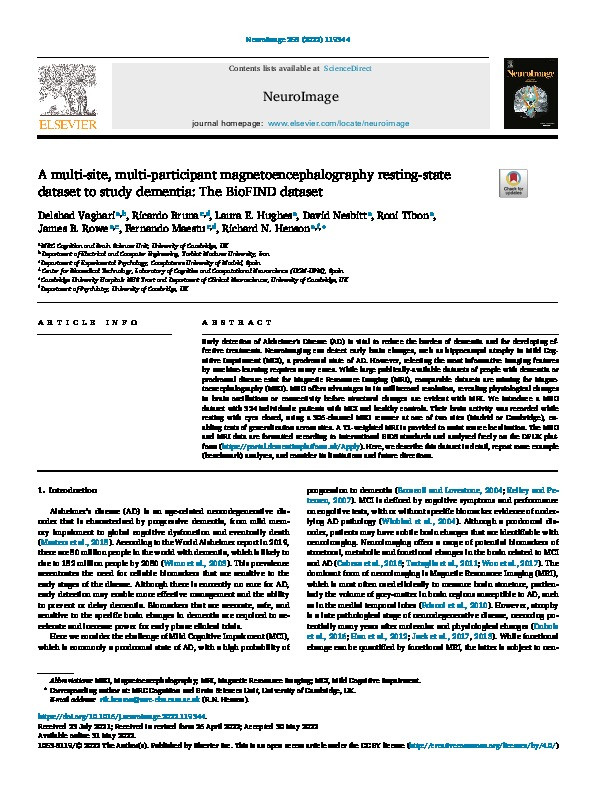 A multi-site, multi-participant magnetoencephalography resting-state dataset to study dementia: The BioFIND dataset Thumbnail