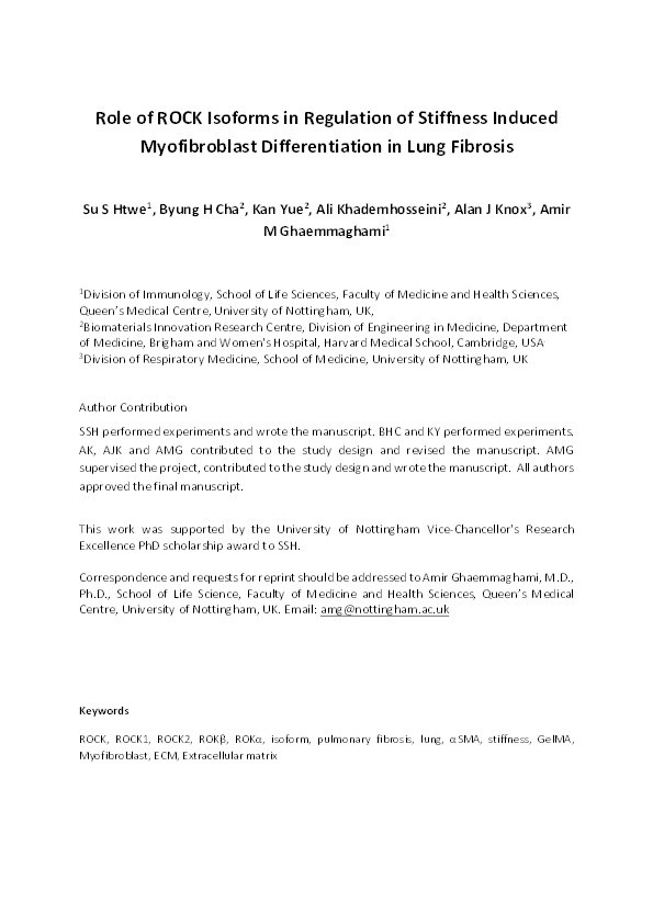 Role of ROCK isoforms in regulation of stiffness induced myofibroblast differentiation in lung fibrosis Thumbnail