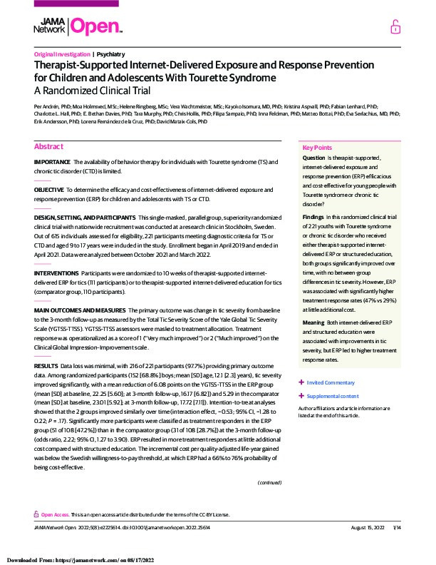 Therapist-Supported Internet-Delivered Exposure and Response Prevention for Children and Adolescents with Tourette Syndrome: A Randomized Clinical Trial Thumbnail