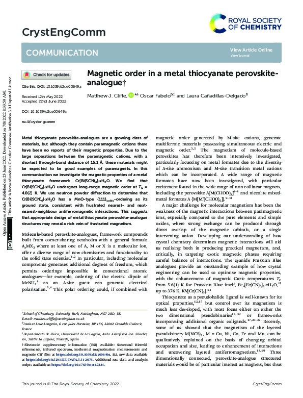 Magnetic order in a metal thiocyanate perovskite-analogue Thumbnail