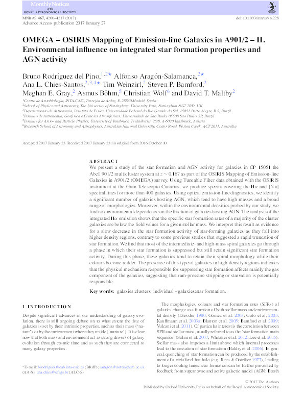 OMEGA – OSIRIS Mapping of Emission-line Galaxies in A901/2: II. Environmental influence on integrated star formation properties and AGN activity Thumbnail