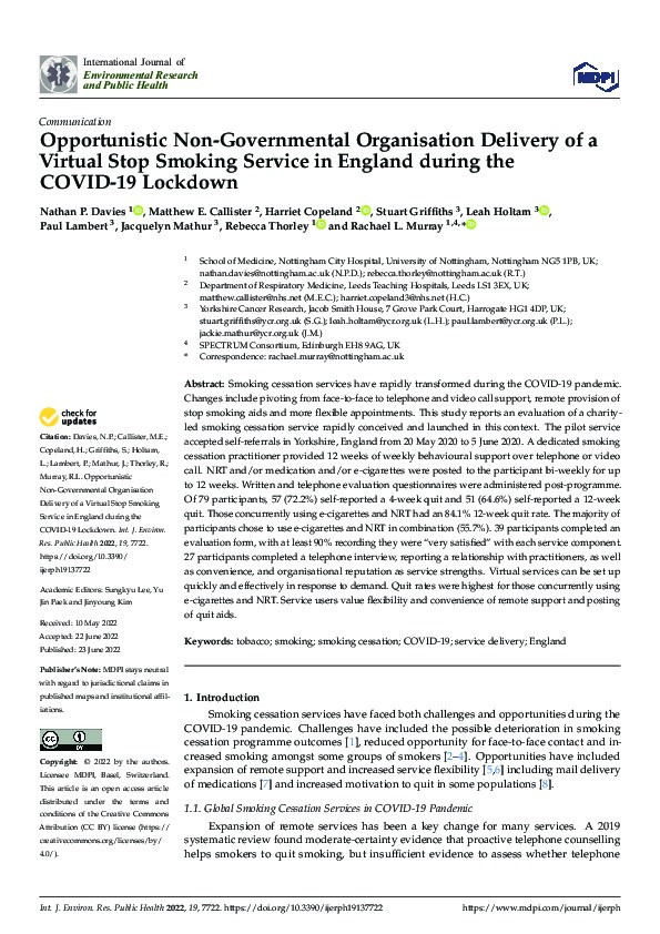 Opportunistic Non-Governmental Organisation Delivery of a Virtual Stop Smoking Service in England during the COVID-19 Lockdown Thumbnail