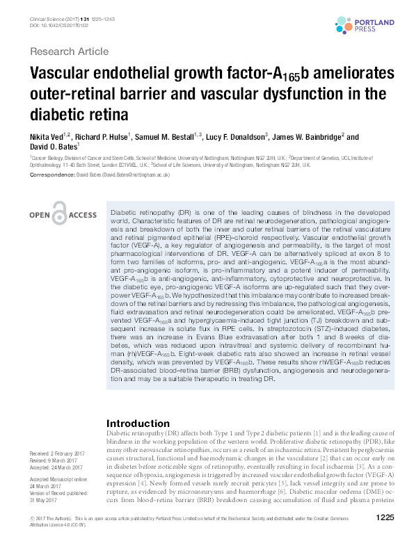 Vascular endothelial growth factor-A165b ameliorates outer-retinal barrier and vascular dysfunction in the diabetic retina Thumbnail