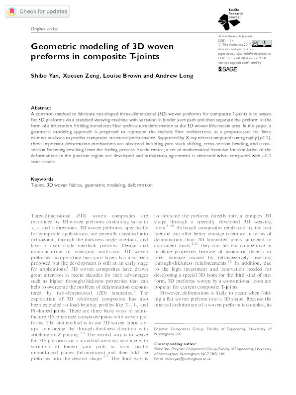 Geometric modeling of 3D woven preforms in composite T-joints Thumbnail