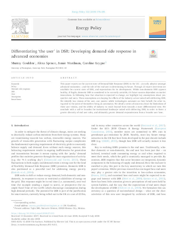 Differentiating ‘the user’ in DSR: developing demand side response in advanced economies Thumbnail
