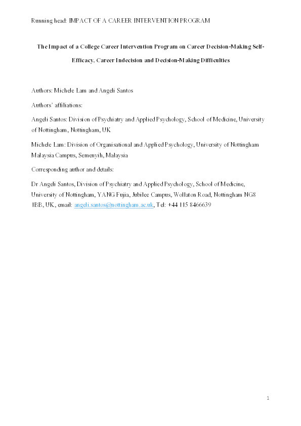 The impact of a college career intervention program on career decision-making self-efficacy, career indecision and decision-making difficulties Thumbnail