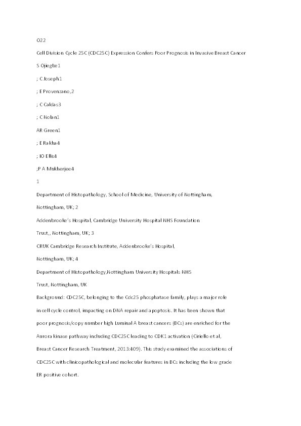 Cell division cycle 25C (CDC25C) expression confers poor prognosis in invasive breast cancer Thumbnail