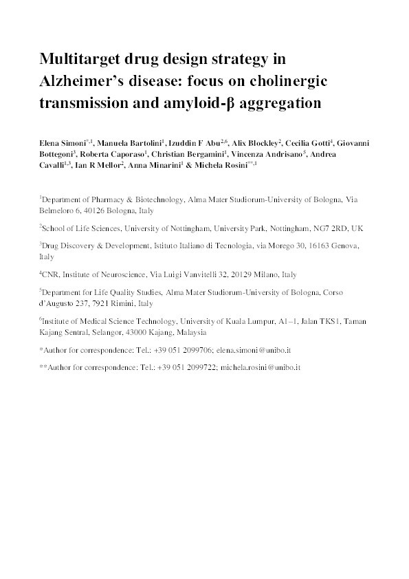 Multitarget drug design strategy in Alzheimer’s disease: focus on cholinergic transmission and amyloid-β aggregation Thumbnail