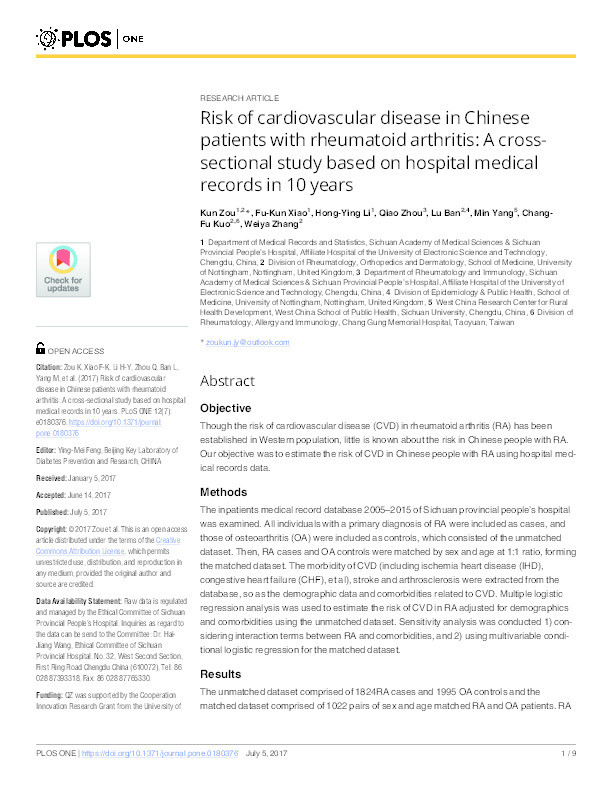 Risk of cardiovascular disease in Chinese patients with rheumatoid arthritis: a cross sectional study based on hospital medical records in 10 years Thumbnail