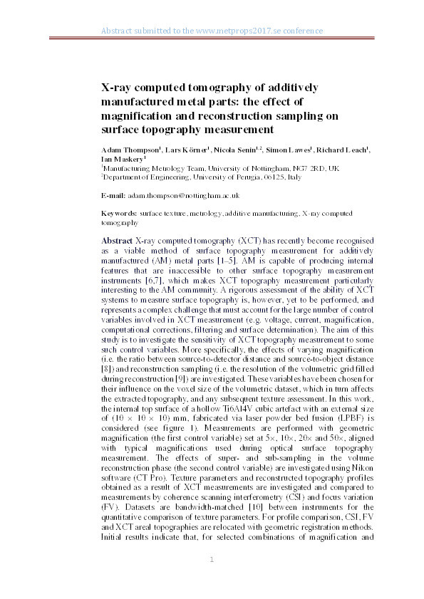 X-ray computed tomography of additively manufactured metal parts: the effect of magnification and reconstruction sampling on surface topography measurement Thumbnail