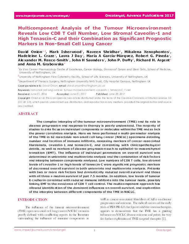 Multicomponent analysis of the tumour microenvironment reveals low CD8 T cell number, low stromal caveolin-1 and high tenascin-C and their combination as significant prognostic markers in non-small cell lung cancer Thumbnail