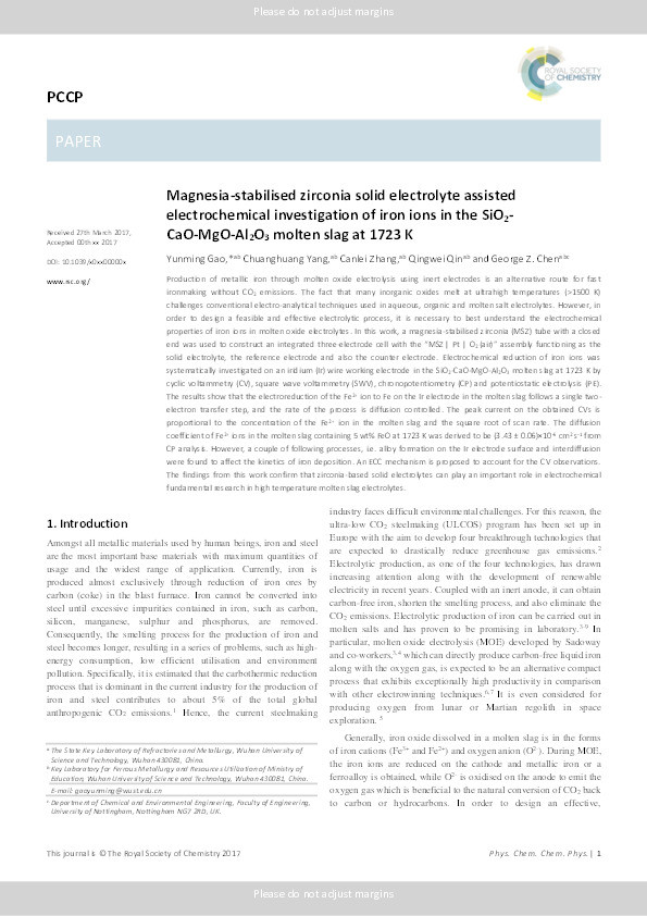 Magnesia-stabilised zirconia solid electrolyte assisted electrochemical investigation of iron ions in the SiO2-CaO-MgO-Al2O3 molten slag at 1723 K Thumbnail