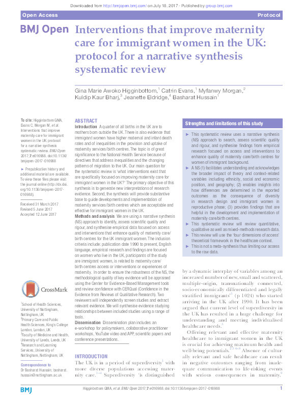 Interventions that improve maternity care for immigrant women in the UK: protocol for a narrative synthesis systematic review Thumbnail