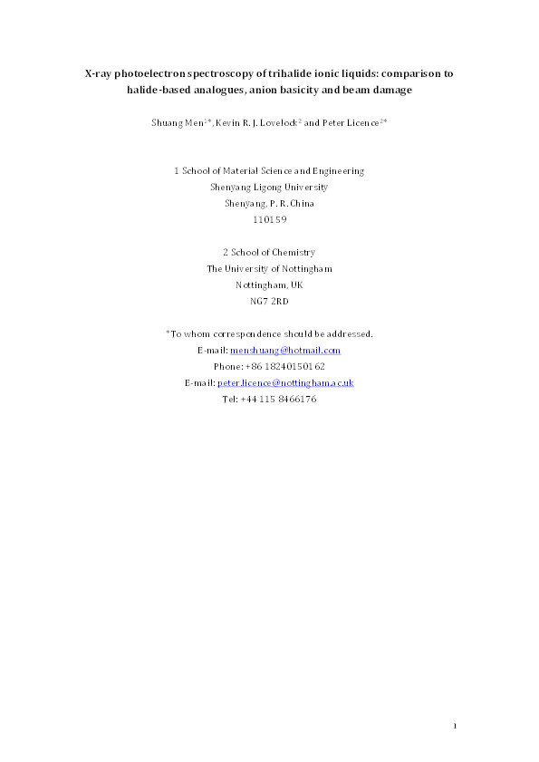 X-ray photoelectron spectroscopy of trihalide ionic liquids: comparison to halide-based analogues, anion basicity and beam damage Thumbnail