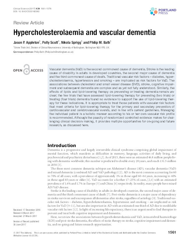 Hypercholesterolaemia and vascular dementia Thumbnail