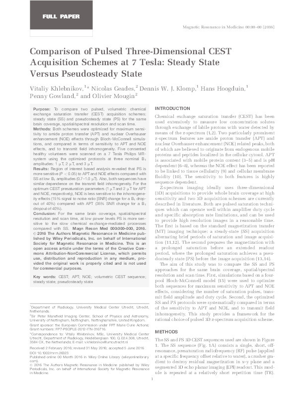 Comparison of pulsed three-dimensional CEST acquisition schemes at 7 tesla: steady state versus pseudosteady state Thumbnail
