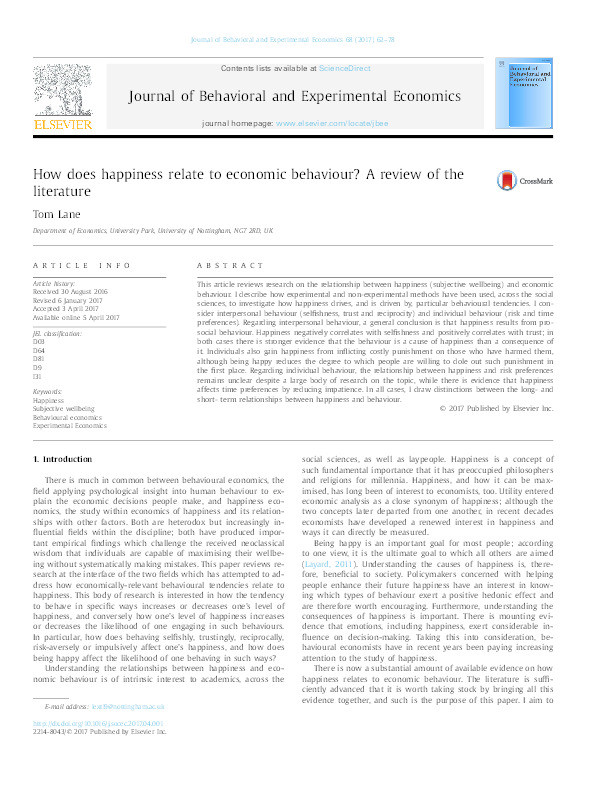 How does happiness relate to economic behaviour?: a review of the literature Thumbnail