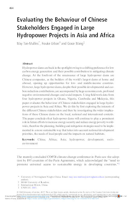 Evaluating the behaviour of Chinese stakeholders engaged in large hydropower projects in Asia and Africa Thumbnail