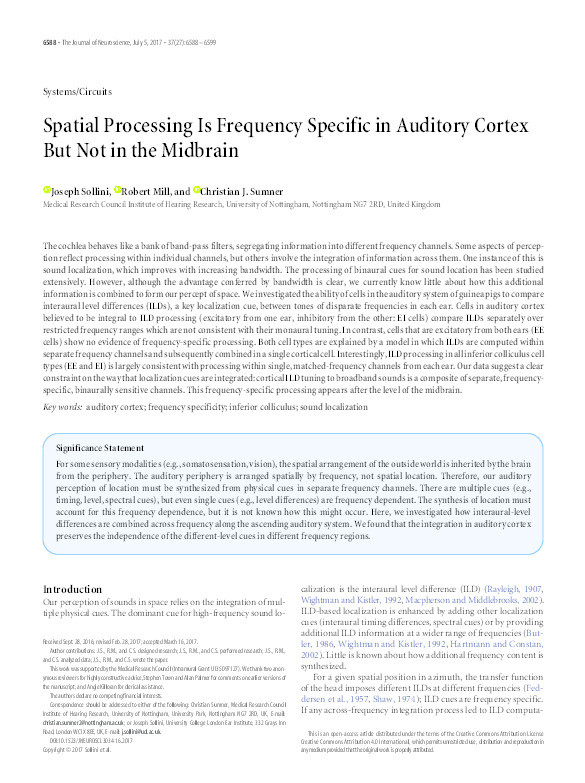 Spatial processing is frequency specific in auditory cortex but not in the midbrain Thumbnail
