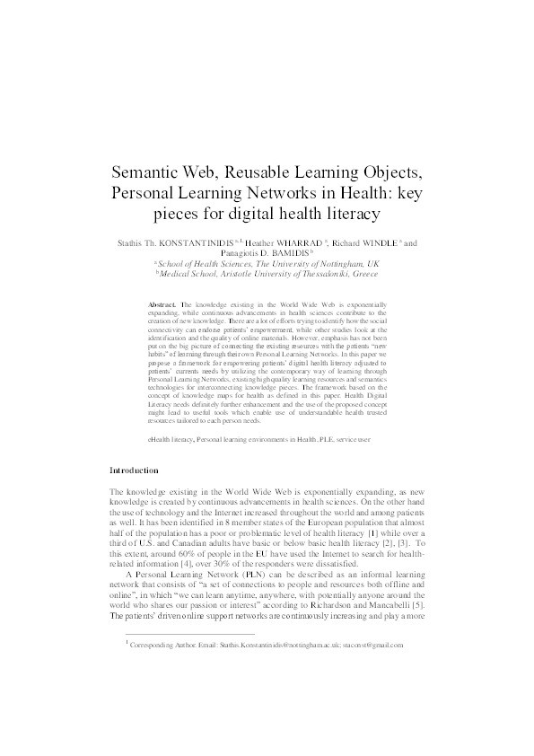 Semantic web, reusable learning objects, personal learning networks in health: key pieces for digital health literacy Thumbnail