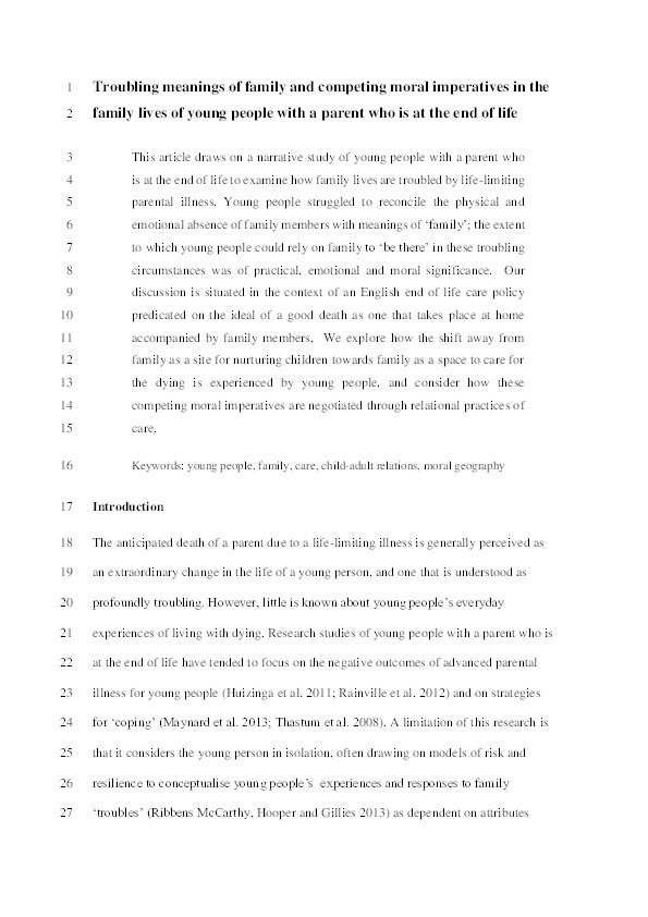 Troubling meanings of family and competing moral imperatives in the family lives of young people with a parent who is at the end of life Thumbnail