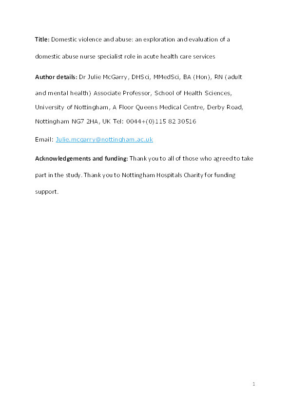 Domestic violence and abuse: an exploration and evaluation of a domestic abuse nurse specialist role in acute health care services Thumbnail