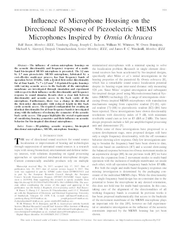 Influence of microphone housing on the directional response of piezoelectric MEMS microphones inspired by Ormia ochracea Thumbnail