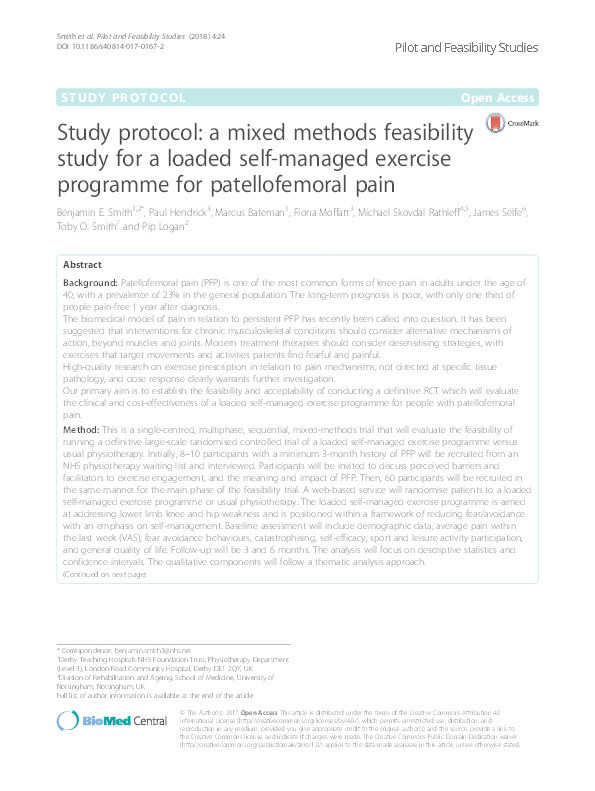 Study protocol: a mixed methods feasibility study for a loaded self-managed exercise programme for patellofemoral pain Thumbnail