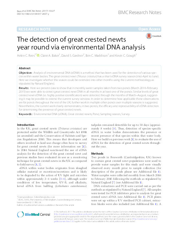 The detection of great crested newts year round via environmental DNA analysis Thumbnail