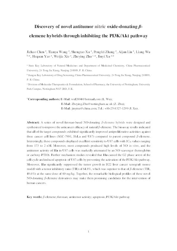 Discovery of novel antitumor nitric oxide-donating  β-elemene hybrids through inhibiting the PI3K/Akt pathway Thumbnail