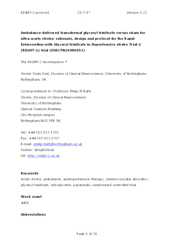 Ambulance-delivered transdermal glyceryl trinitrate versus sham for ultra-acute stroke: rationale, design and protocol for the Rapid Intervention with Glyceryl trinitrate in Hypertensive stroke Trial-2 (RIGHT-2) trial (ISRCTN26986053) Thumbnail