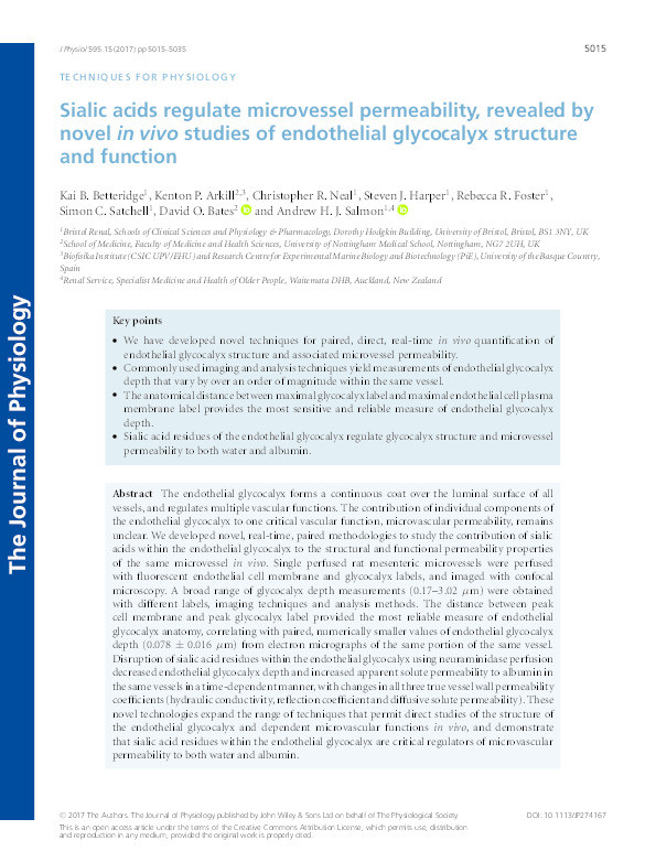 Sialic acids regulate microvessel permeability, revealed by novel in vivo studies of endothelial glycocalyx structure and function Thumbnail